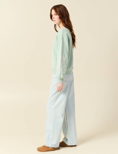 Sweat droit court col rond en coton vert pastel femme