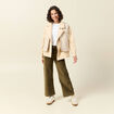 Pantalon large taille haute en velours vert kaki femme