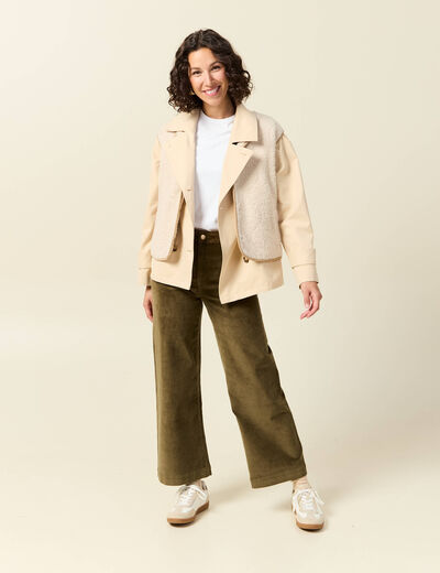 Pantalon large taille haute en velours vert kaki femme