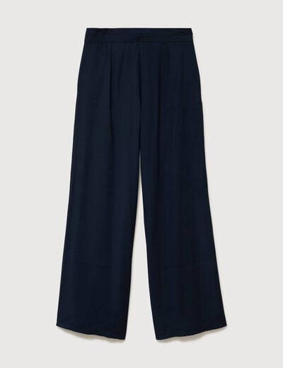 Pantalon large taille haute ceinture bleu fonc&eacute; femme