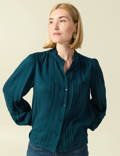 Blouse droite courte d&eacute;tail dentelle bleu canard femme