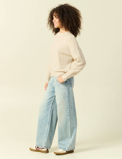 Pull col rond manches longues beige femme