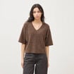 Pull droit court col v manches courtes marron femme