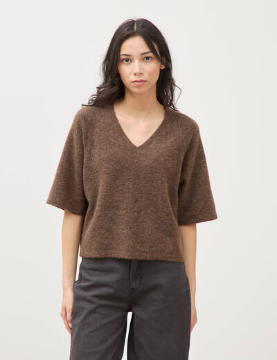 Pull droit court col v manches courtes marron femme