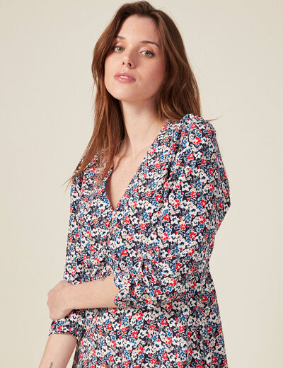 Robe cintr&eacute;e col v manches longues bleu marine femme