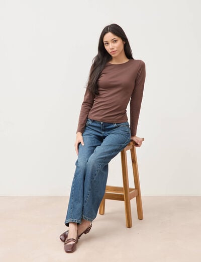 T-shirt cintr&eacute; manches longues col rond marron femme