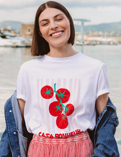 T-shirt &agrave; motif en coton manches courtes blanc femme