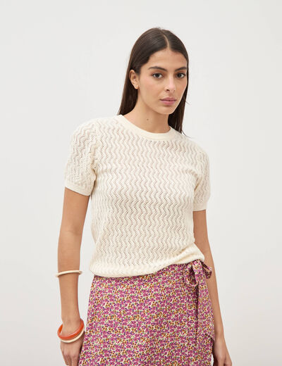 Pull col rond manches courtes creme femme