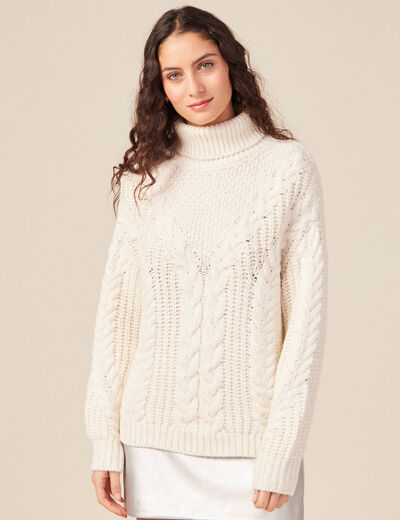 Pull manches longues col roulé ecru femme