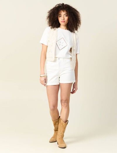 T-shirt manches courtes brodé ecru femme