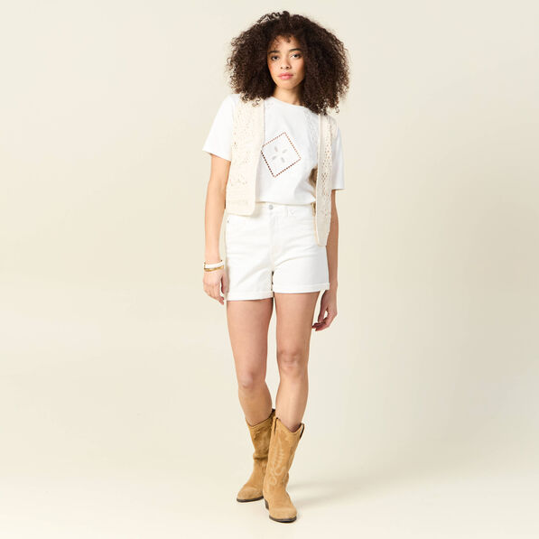 T-shirt manches courtes brodé ecru femme