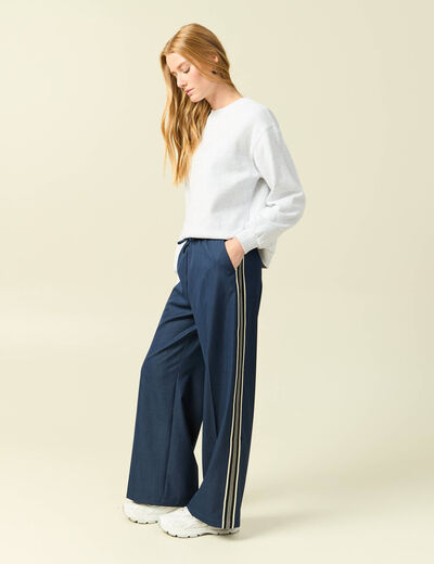 Pantalon large taille haute ray&eacute; bleu marine femme