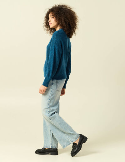 Pull col rond manches longues bleu canard femme