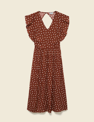 Robe longue &eacute;vas&eacute;e col v manches courtes marron cognac femme