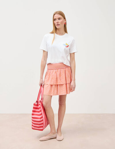 Jupe fluide &agrave; carreaux doubl&eacute;e orange abricot femme