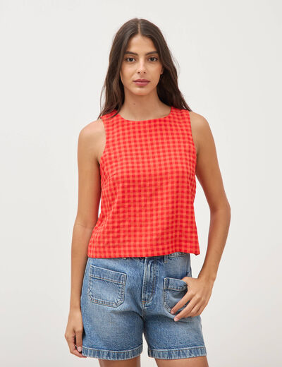 Blouse vichy droite cropped sans manches orange fonc&eacute; femme