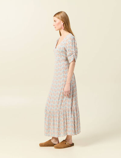 Robe longue évasée col en V blanc femme