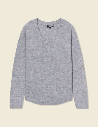 Pull manches longues col en V gris clair femme
