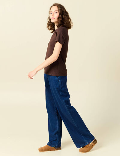 T-shirt col rond manches courtes marron femme