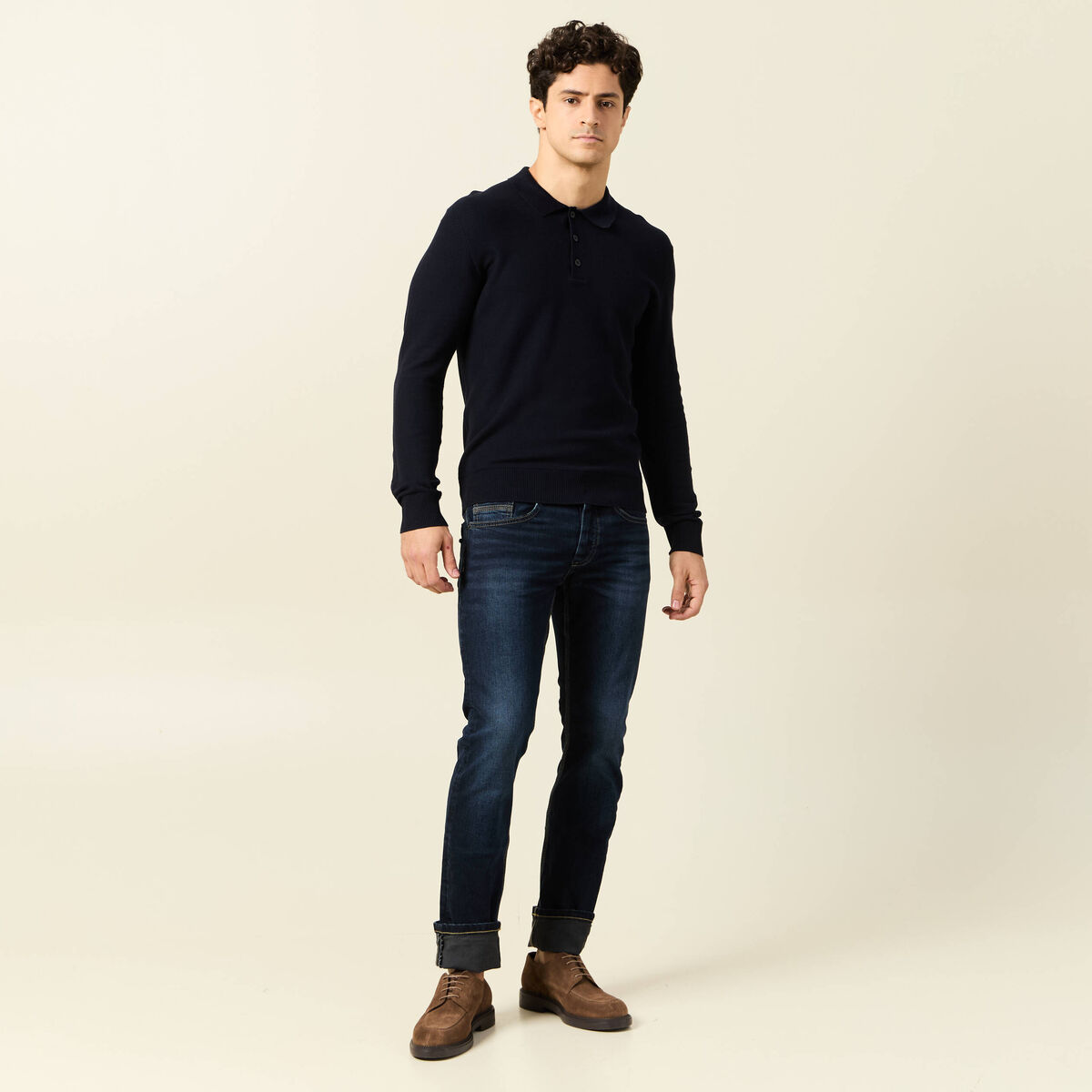Polo manches longues bleu marine homme