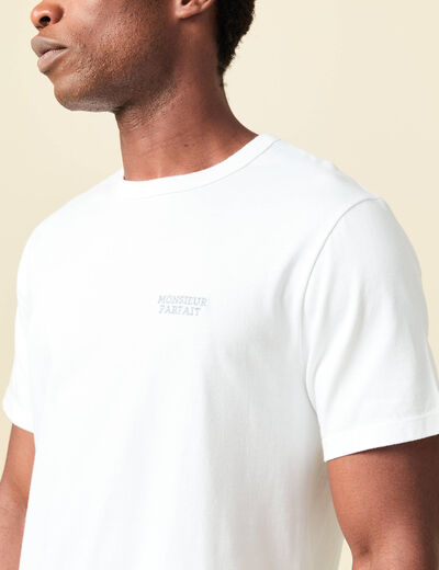T-shirt col rond manches courtes brod&eacute; blanc homme