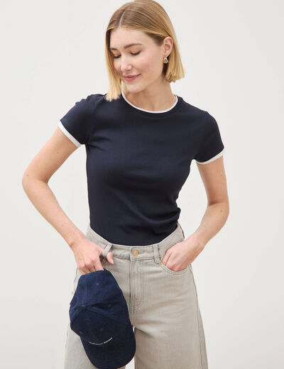T-shirt cintr&eacute; col rond manches courtes bleu marine femme