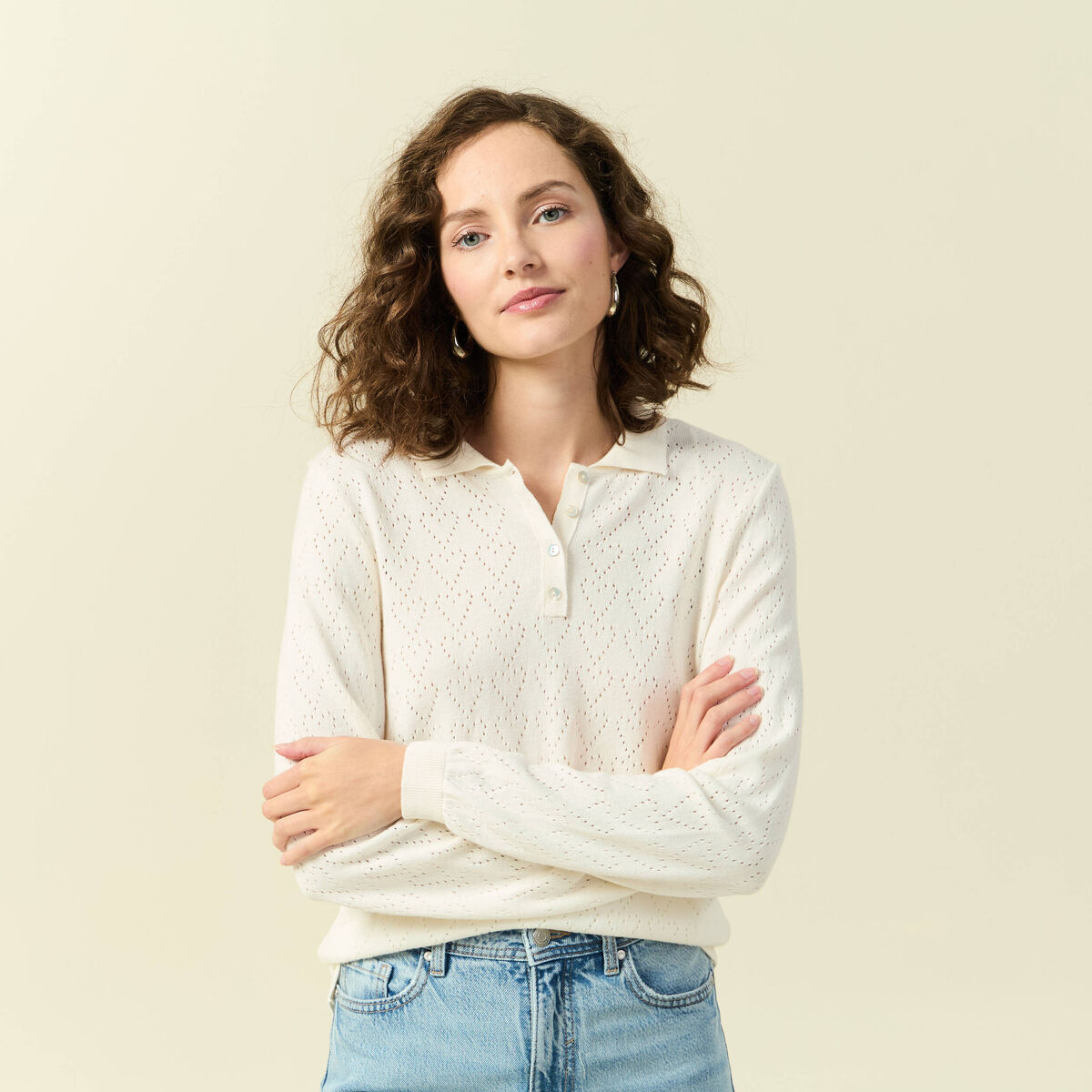 Pull ajouré manches longues en coton ecru femme