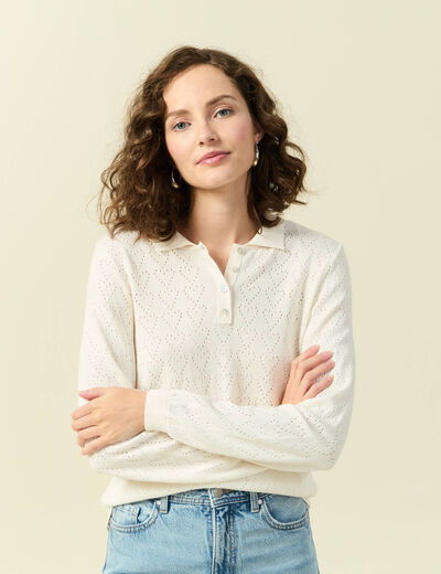 Pull ajour&eacute; manches longues en coton ecru femme
