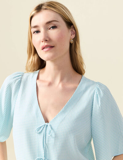 Blouse manches courtes nouée bleu pastel femme