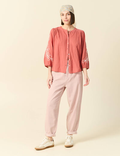 Chemise manches 3/4 brodée rose framboise femme
