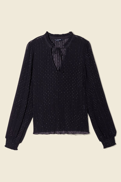 Blouse manches longues plissée noir femme