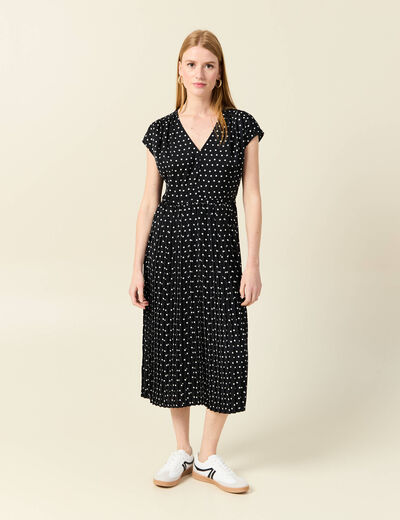 Robe midi évasée plissée satin noir femme