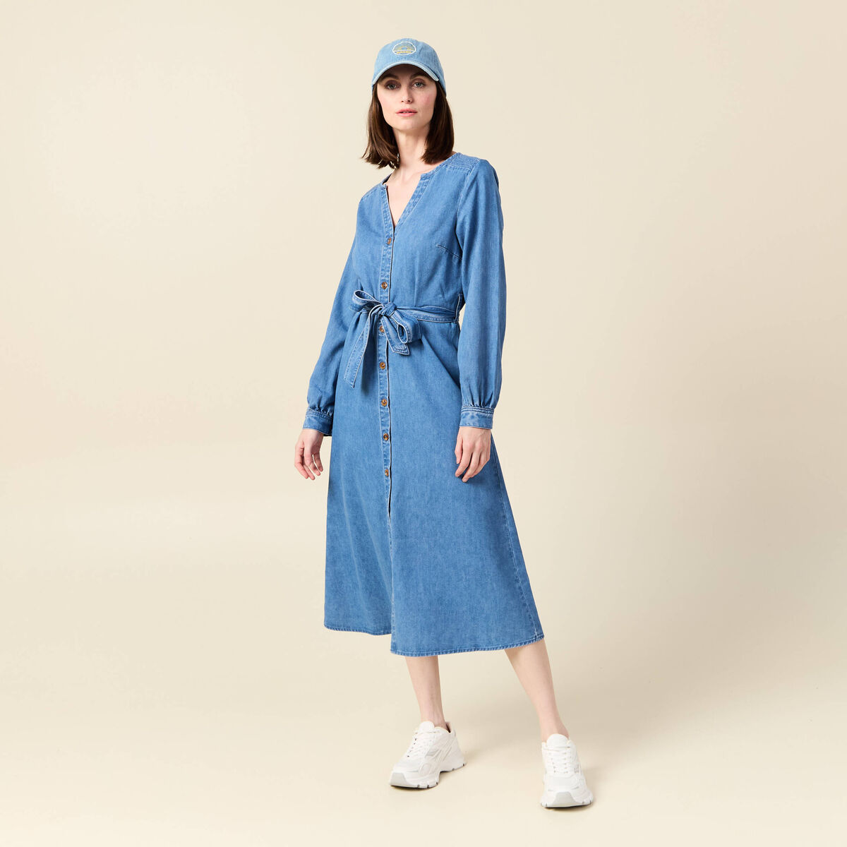 Robe longue évasée en jean denim used femme