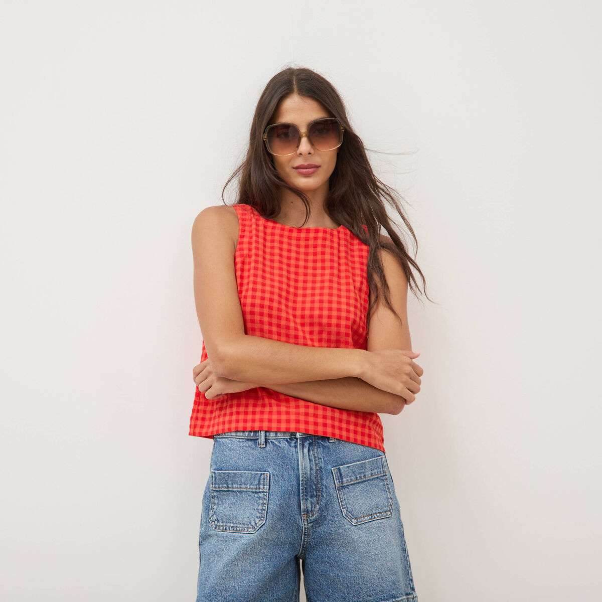 Blouse vichy droite cropped sans manches orange fonc&eacute; femme