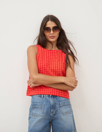 Blouse vichy droite cropped sans manches orange fonc&eacute; femme