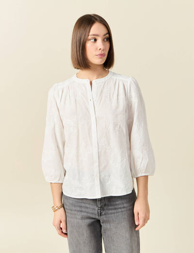 Chemise manches 3/4 brodée ecru femme