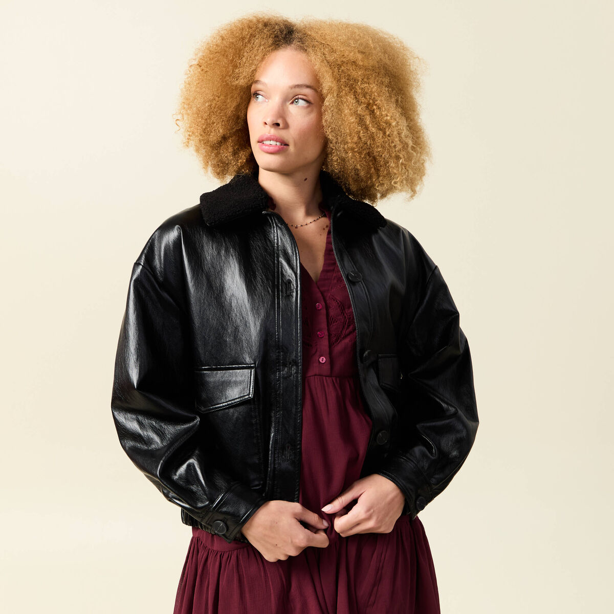 Veste oversize manches longues doubl&eacute;e noir femme