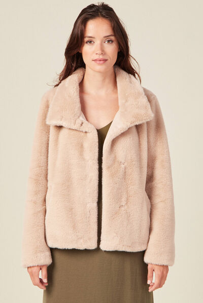 Manteau droit fausse fourrure beige femme