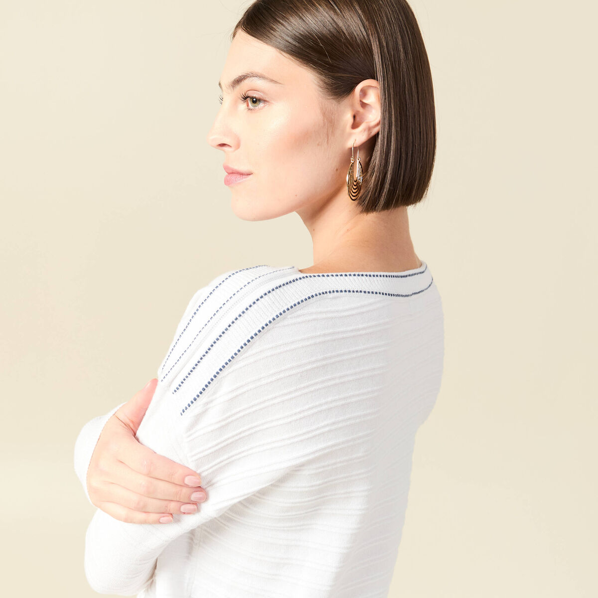Pull col bateau manches longues en coton blanc femme