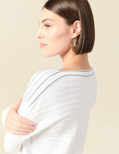 Pull col bateau manches longues en coton blanc femme