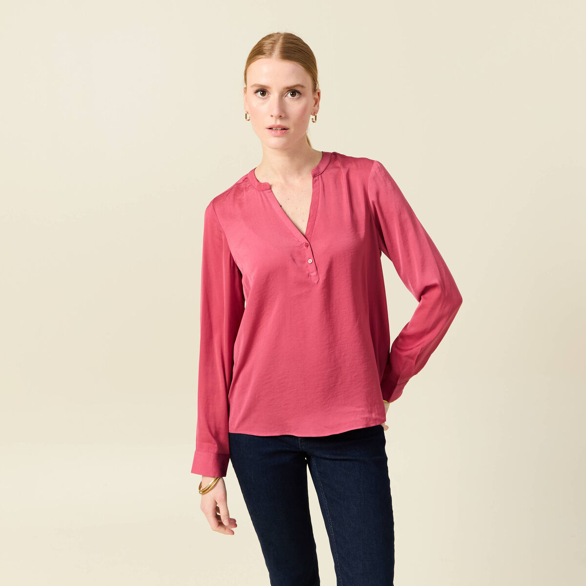 Blouse manches longues satin vieux rose femme