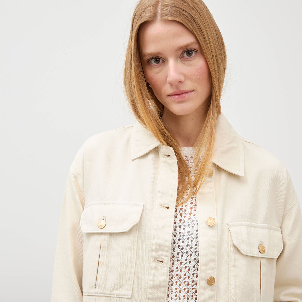 Blouson manches longues col classique denim blanc femme