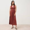 Robe sans manches col v marron cognac femme
