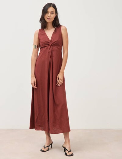 Robe sans manches col v marron cognac femme
