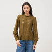 Blouse cintr&eacute;e dentelle manches longues vert olive femme