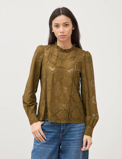 Blouse cintr&eacute;e dentelle manches longues vert olive femme