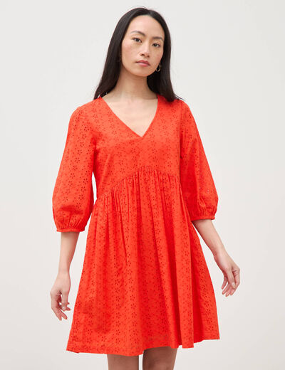 Robe droite courte col v manches 3/4 orange fonc&eacute; femme