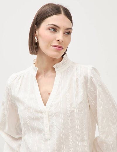Blouse col mao manches longues en coton ecru femme