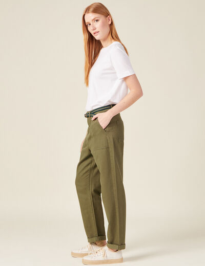Pantalon large ceinturé vert kaki femme