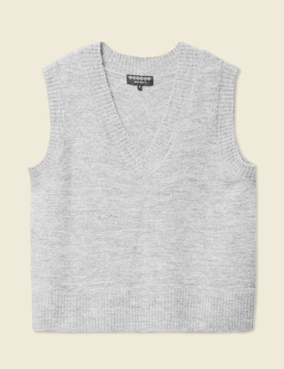 Pull sans manches col en V gris clair femme